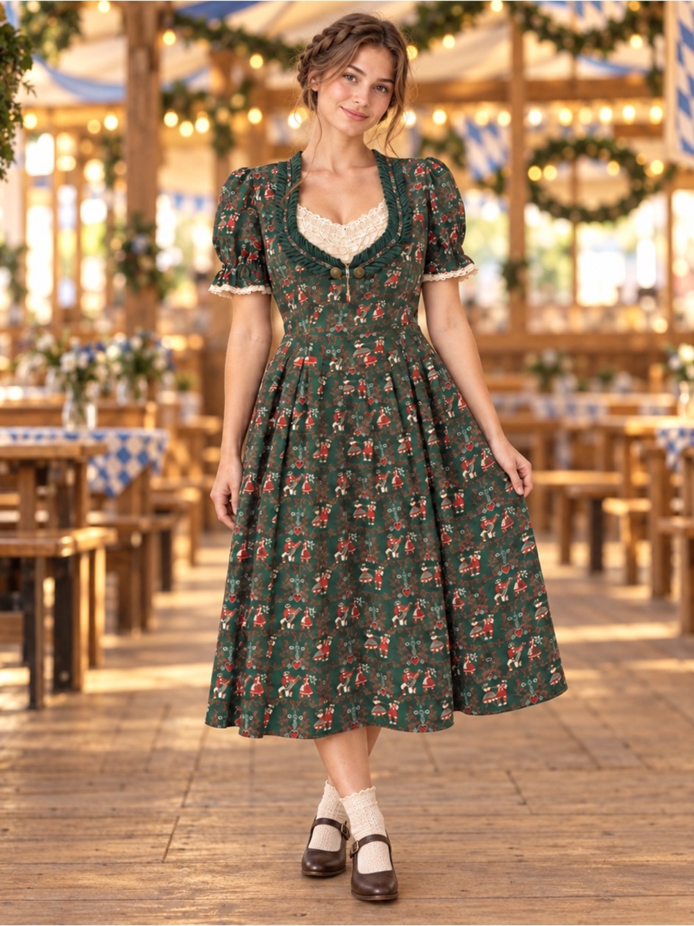 Vintage German Dirndl Folk Print Midi Dress Lace Size S